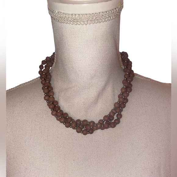 18” Vintage 3-Strand Wooden Bead Necklace in Med BRN Separated w/ Metal Spacers - Picture 1 of 4